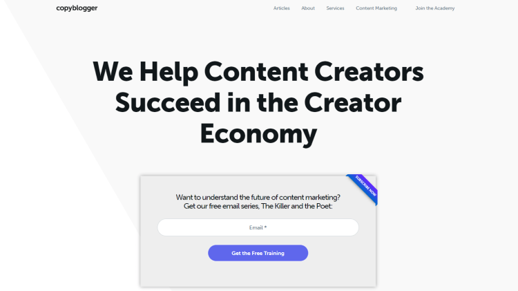Business Blo Copyblogger page offering email-series with help for content creators with marketing.