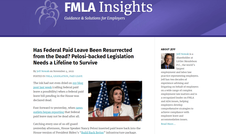 Business Law Blog FMLA Insights home page with news about Pelosi-backed legislation that needs a lifeline to survive.