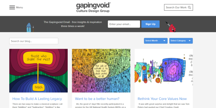 Business Innovation Blog Gaping Void home page with how to build a lasting legacy news.