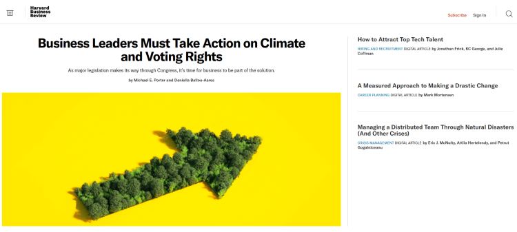 Business Management Blog Harvard Business Review home page with a picture of an aroow made of trees calling to action business leaders to take care of climate.