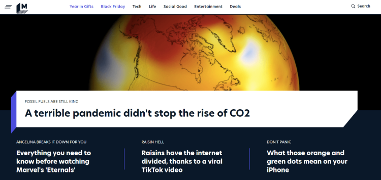 Business Blog Mashable page highlighting the news about pandemic that didn't stop the rise of CO2.