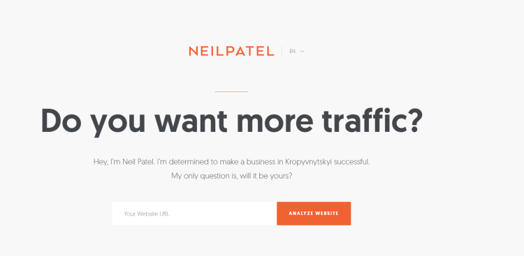 Business Education Blog Neil Patel page asking if you want more traffic.