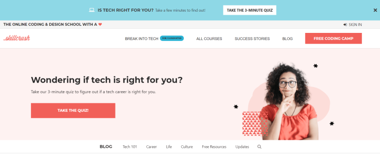 Business Blog Skillcrush page oggering a 3-minutes test to decide if tech is fot you.