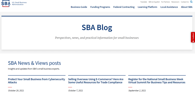 Small Business Administration Blog home page with a list of SBA news and views posts such as protecting small business from cybersecurity attacks.