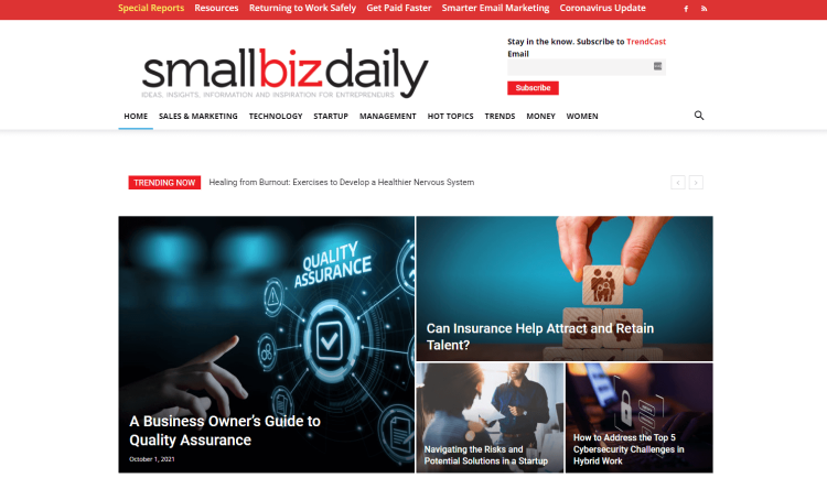 Business Startups Blog SmallBizDaily home page with trending news about business owner's guide to quality assurance.