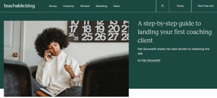 Business Blog Teachable home page with an a step-by-step guide to landing first coaching client.