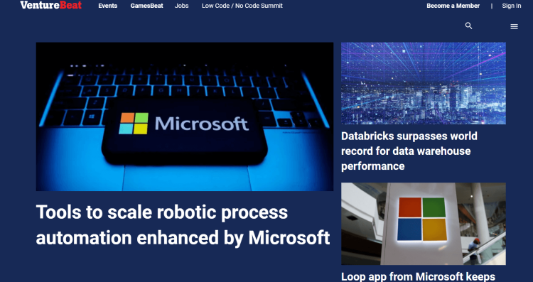 Business Blog VentureBeat home page with business-related news about tools to scale robotic process.