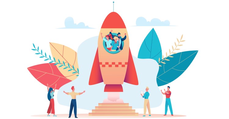 Business ideas concept, tiny people launch a big rocket filled with other tiny people.