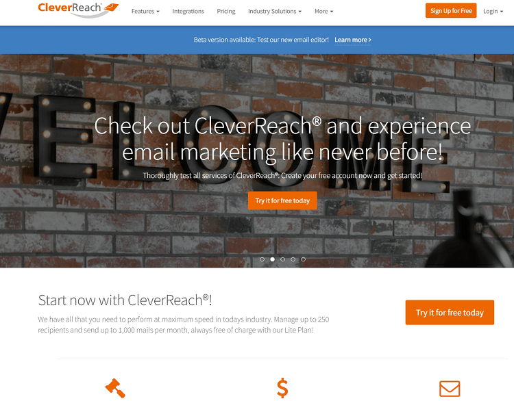 This is the homepage of Clever Reach email marketing software.