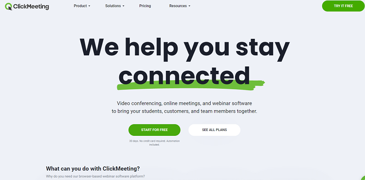 This is the homepage of Click Meeting webinar software.