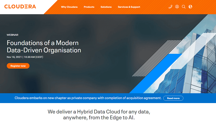 This is a screenshot of the homepage of Cloudera database software.