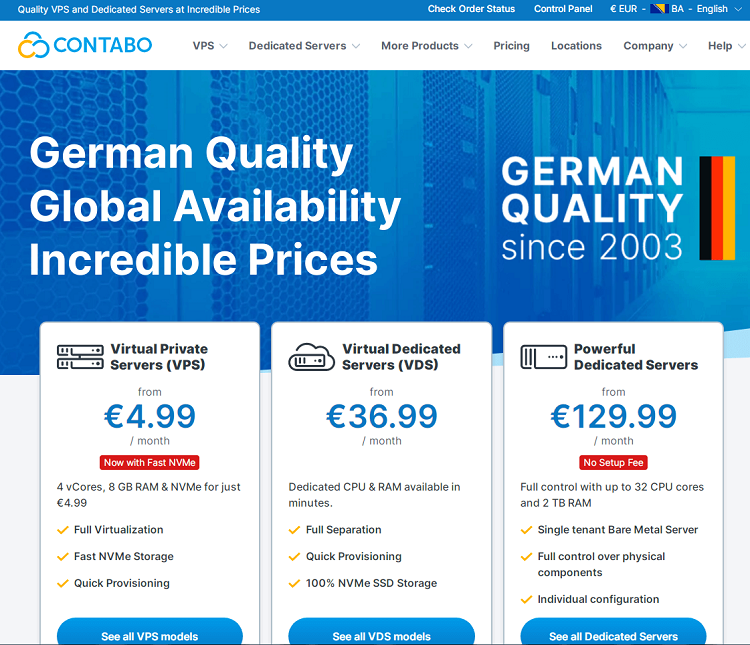 This is a screenshot of the homepage of Contabo hosting provider in Germany.