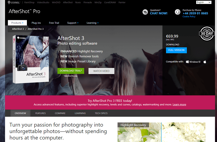 This is the homepage of Corel Aftershot photo management software program.