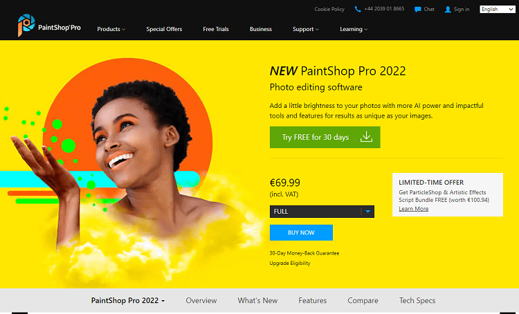 This is the homepage of Corel Paint Shop photo management software program.