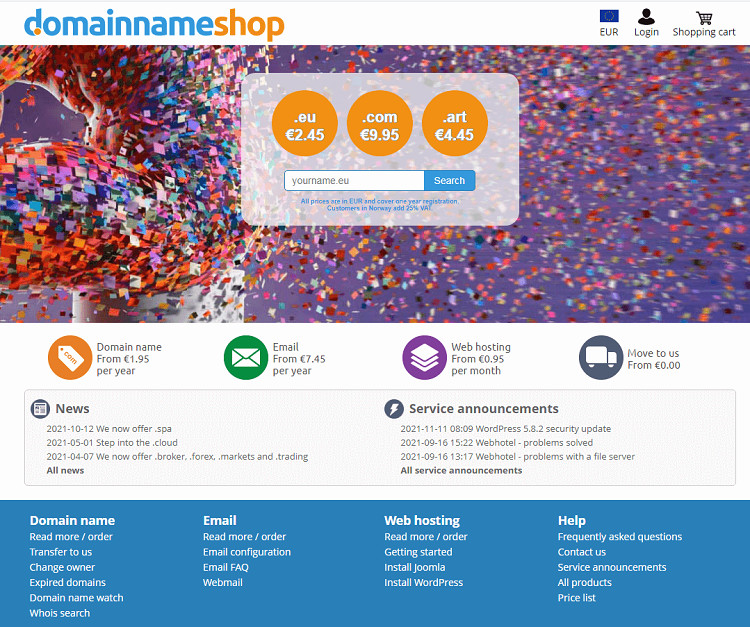 This is a screenshot of the homepage of Domain Name Shop hosting provider