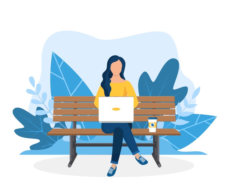 Digital nomad jobs concept, a woman is working while sitting on the bench in the park.