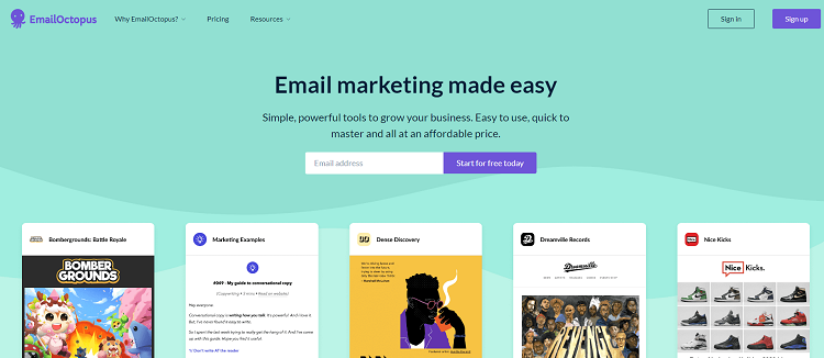 This is the homepage of Email Octopus email marketing software.
