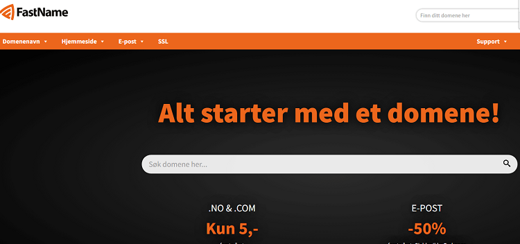 This is a screenshot of the homepage og FastName hosting provider in Norway.