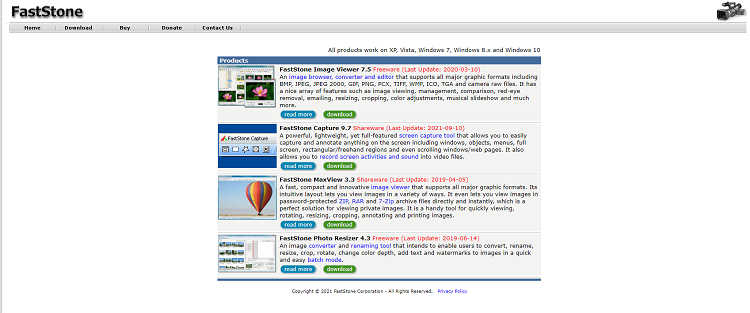 This is the homepage of FastStone photo management software programs.