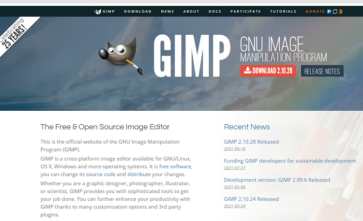 This is the homepage of GIMP photo management software program.