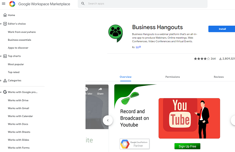This is the homepage of Google Business Hangouts webinar software tool.