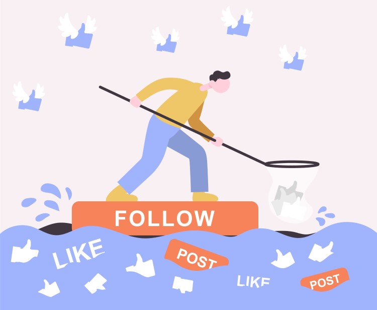 Getting more followers on Pinterest concept, a guy floats on raft of follow and collects likes and posts.