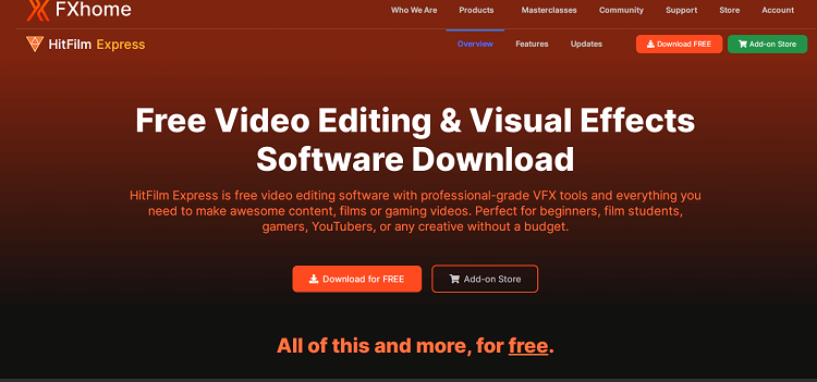 This is the homepage of Hit Film Express video editing software.