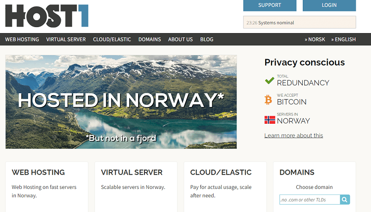 This is a screenshot of the homepage of Host1 hosting provider in Norway.