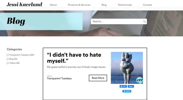 blog for mental health, Jessi Kneeland home page with featured article called "I didn't have to hate myself."