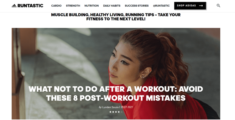 Sports Brand Health Blog, Runtastic page featuring article on what to do after a workout.