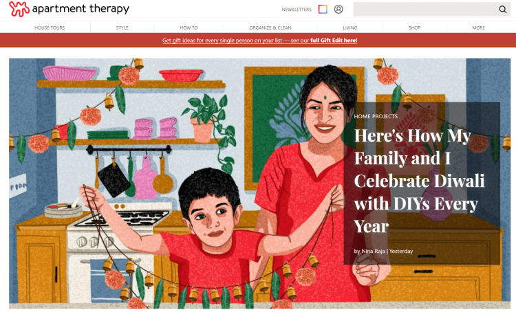 Home Improvement and Home Decor Blog, Apartment Therapy page with featured article on how author celebrates Diwali with DIYs every year.
