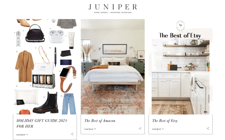 Home Improvement and Home Decor Blog, Juniper Home page with articles such as Holiday Gift Guide.