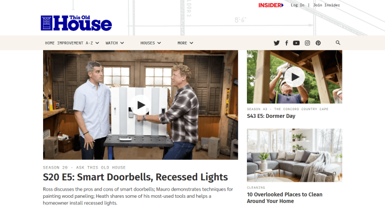 Home Improvement and Home Decor Blog, This Old House page featuring article on smart doorbells and recessed lights.