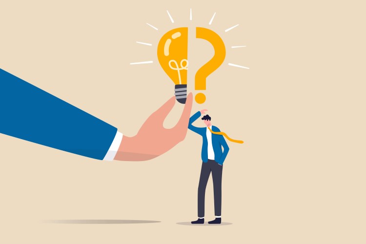 A huge hand is holding a halfed light bulb next to a thinking man with a question mark above him, thus, finding solution to a problem of how to become a successful entrepreneur.