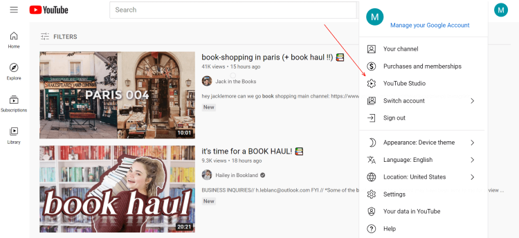 Sharing a private YouTube video, image of YouTube profile drop-down menu with YouTubu Studio.