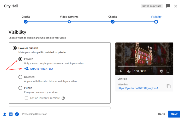 Sharing a private YouTube video, image of settings when uploading a new video.
