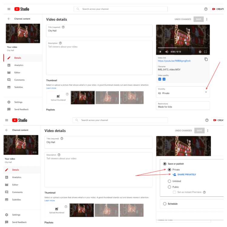 Sharing a private YouTube video, image of settings of uploaded video.