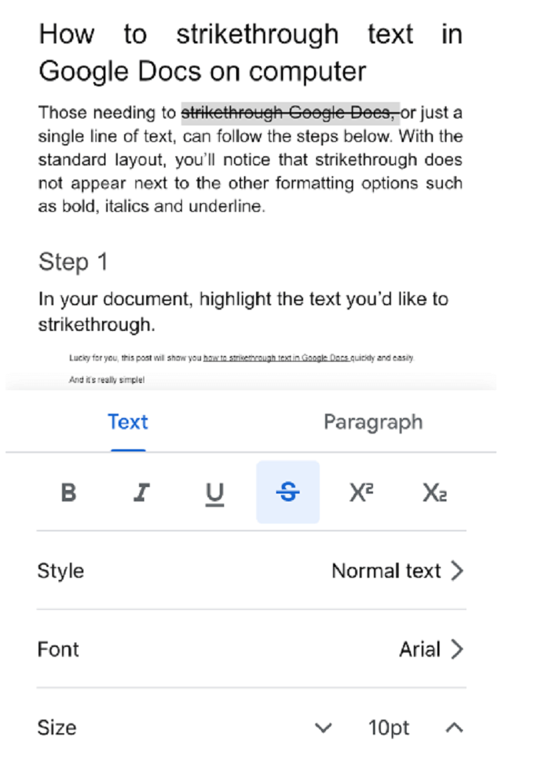 How to strikethrough text in Google Docs on mobile and tablets.