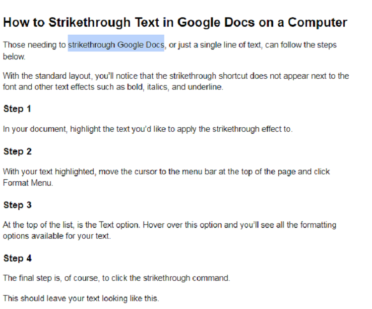 How to strikethrough text in Google Docs on computer.