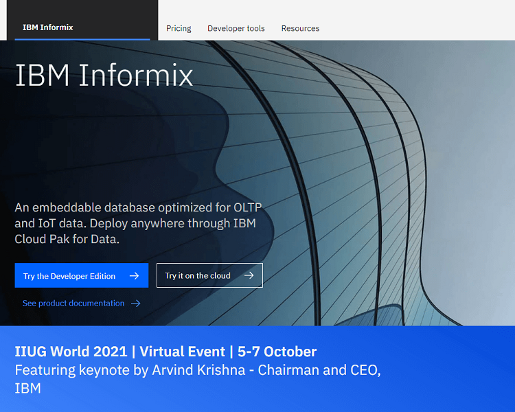 This is a screenshot of the homepage of IBM Informix database software.