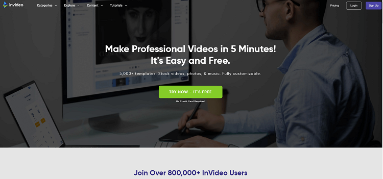 This is the homepage of InVideo video editing software.
