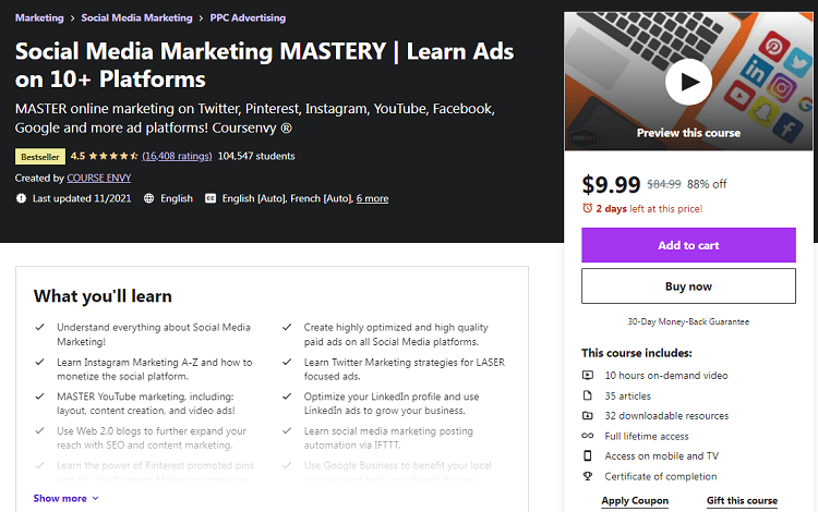 Social Media Marketing Mastery: Learn Ads on 10+ Platforms - The Best Blogging Course for Social Media