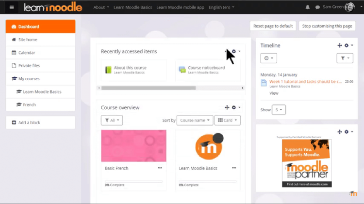 Learning Management System Software, Moodle dashboard.