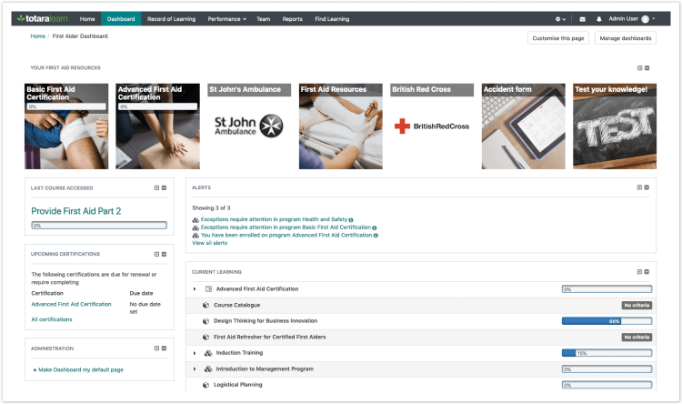 Learning Management System Software, Totara Learn dashboard.