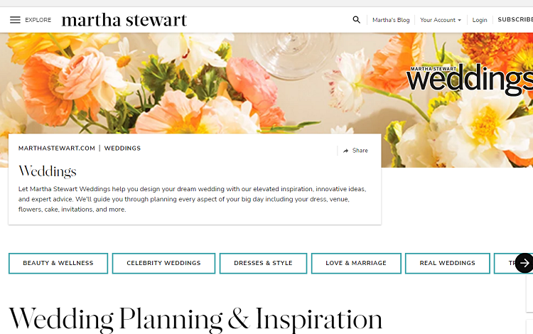 screenshot of the Martha S wedding blog