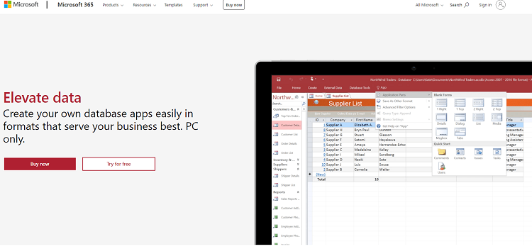 This is a screenshot of the homepage of Microsoft Access database software.