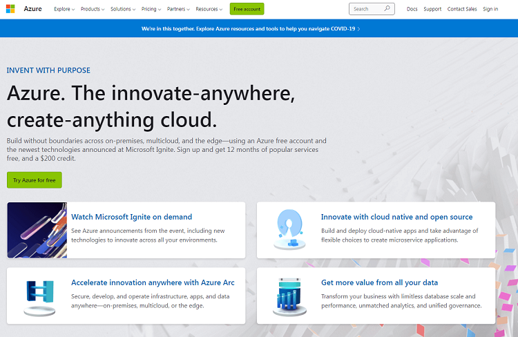 This is a screenshot of the homepage of Microsoft Azure database software.