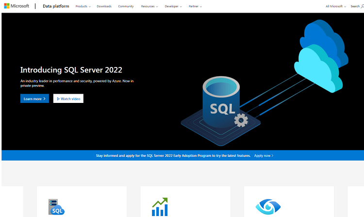 This is a screenshot of the homepage of Microsoft SQL Server database software.