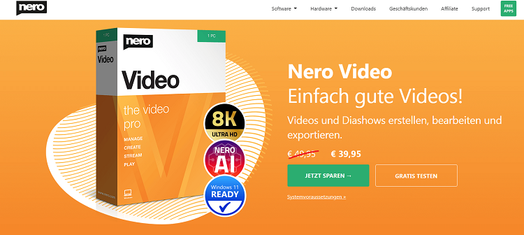 This is the homepage of Nero Video editing software.