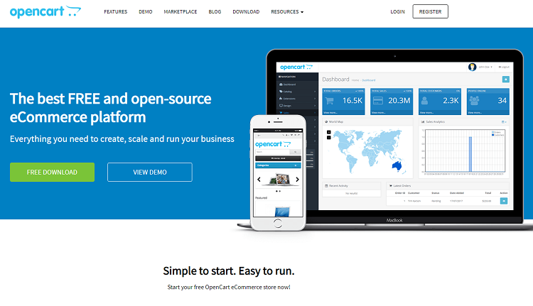 This is a screenshot of the homepage of OpenCart ecommerce platform.